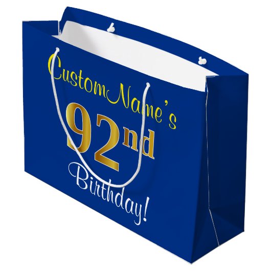 エレガント青、フェイク金ゴールド92番目の誕生日+名前 ラージペーパーバッグ (裏面アングル)