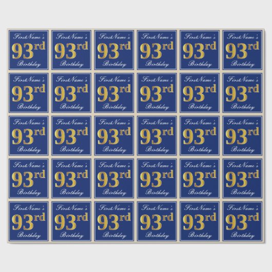 エレガント青、フェイク金ゴールド93番目の誕生日+名前 ラッピングペーパー (フラット)
