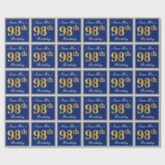 エレガント青、フェイク金ゴールド98番目の誕生日+名前 ラッピングペーパー (フラット)