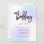 エレガント青/薄紫水色/黒スクリプト結婚の 招待状 (正面)