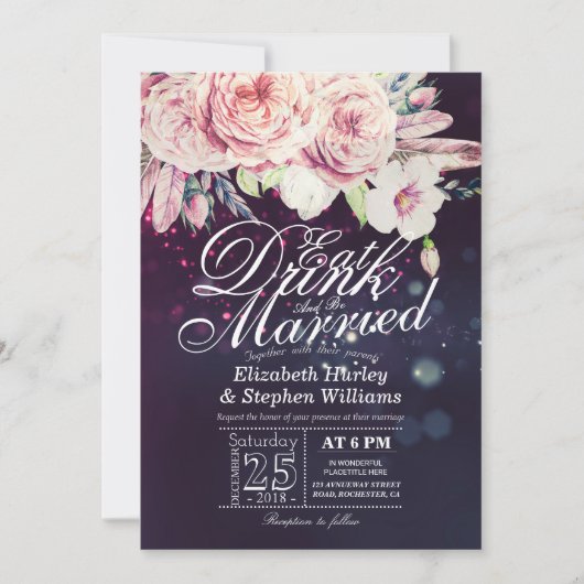 エレガント食べドリンク&ビー結婚した結婚式招待状 招待状 (正面)