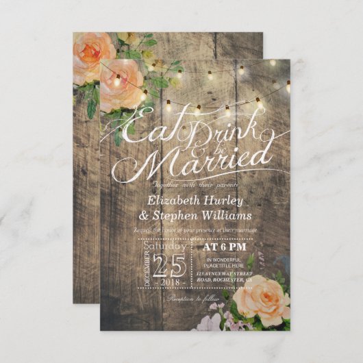 エレガント食べドリンク&ビー結婚した結婚式招待状 招待状 (正面/裏面)