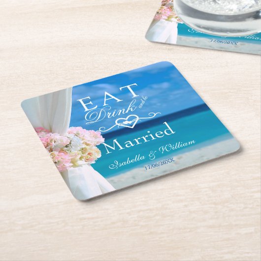 エレガント食べフローラ結婚したビーチ結婚式 スクエアペーパーコースター (アングル)