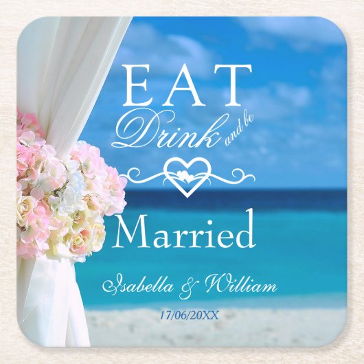 エレガント食べフローラ結婚したビーチ結婚式 スクエアペーパーコースター (正面)