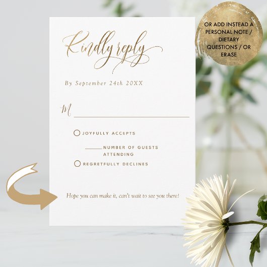 エレガント食事、白、金ゴールド付き結婚 出欠カード