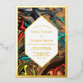 エレガント高級カラフル抽象芸術ア結婚ート金ゴールド 箔招待状 (正面)