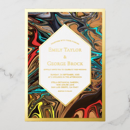 エレガント高級カラフル抽象芸術ア結婚ート金ゴールド 箔招待状 (正面)
