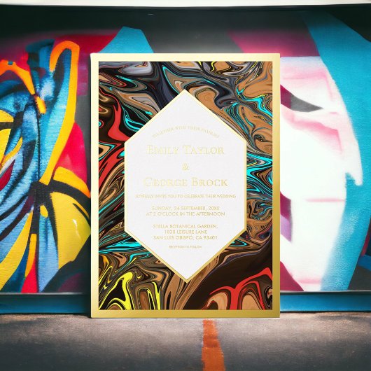 エレガント高級カラフル抽象芸術ア結婚ート金ゴールド 箔招待状