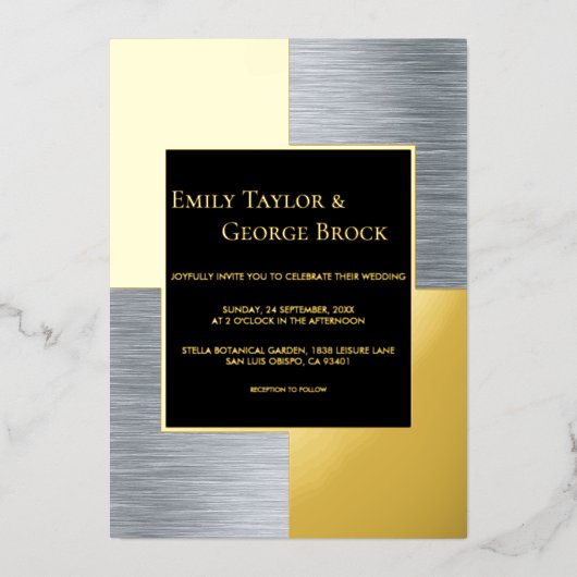 エレガント高級シフォーマルック結婚スのシルバーと金ゴールド 箔招待状 (正面)