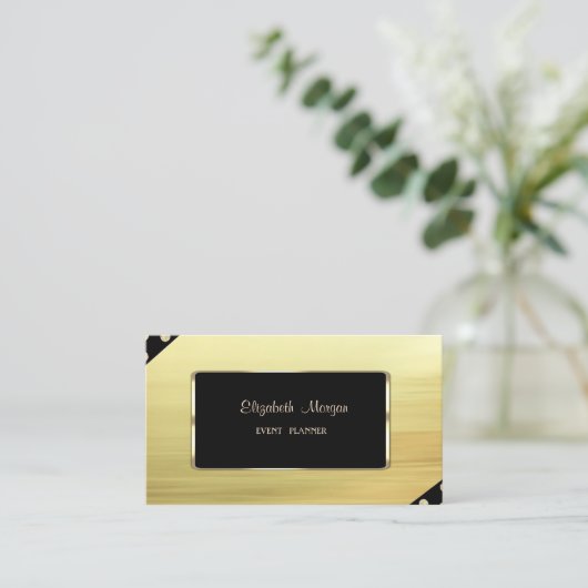 エレガント高級スタイリッシュ、フェイク金ゴールド、黒フレーム 名刺 (スタンド正面)