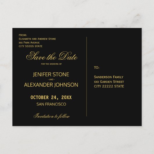 エレガント高級ブラック金ゴールド結婚の日付き救スクリプト 案内ポストカード (裏面)