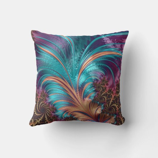 エレガント鮮やかターコイズ紫抽象芸術羽毛 クッション (裏面)