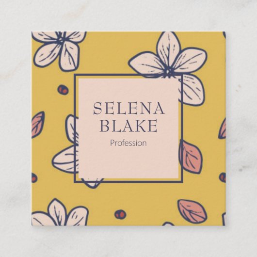 エレガント黄モダンフローラ – シック スクエア名刺 (正面)
