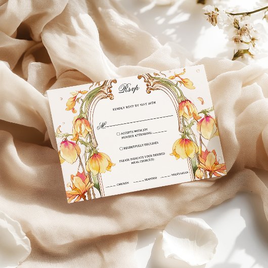 エレガント黄鮮やか色と金ゴールドのフローラ結婚 出欠カード