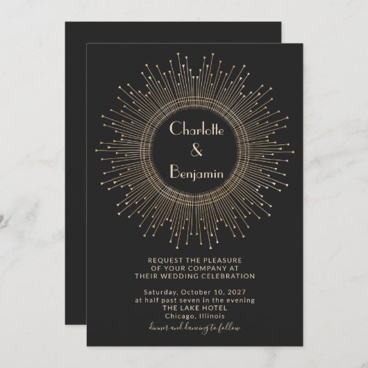 エレガント黒および金ゴールドヴィンテージのアールデコ結婚 招待状 (正面/裏面)