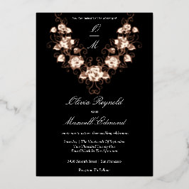 エレガント黒とバラの金ゴールド結婚 箔招待状