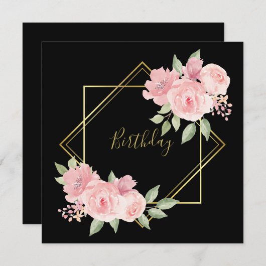 エレガント黒とピンクのバラ招待状 招待状 (正面/裏面)