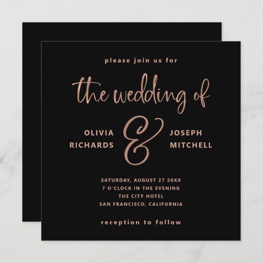 エレガント黒とフェイクバラの金ゴールド結婚 招待状 (正面/裏面)