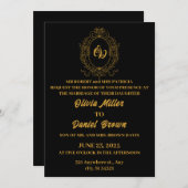 エレガント黒と結婚フローラロゴ付きフレーム金ゴールド 招待状 (正面/裏面)