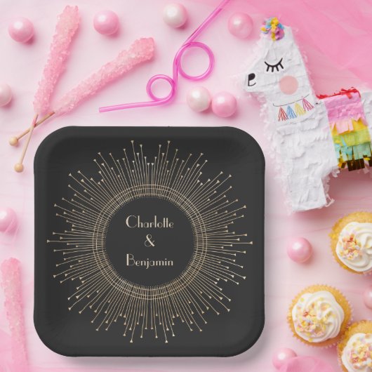 エレガント黒と金ゴールドのアールデコ結婚のカスタム ペーパープレート (パーティー)