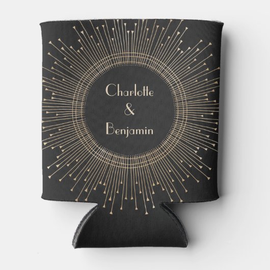 エレガント黒と金ゴールドのアールデコ結婚のカスタム 缶クーラー (正面)