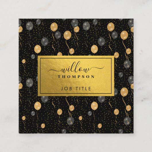 エレガント黒と金ゴールドのバルーンイベントプランナー スクエア名刺 (正面)