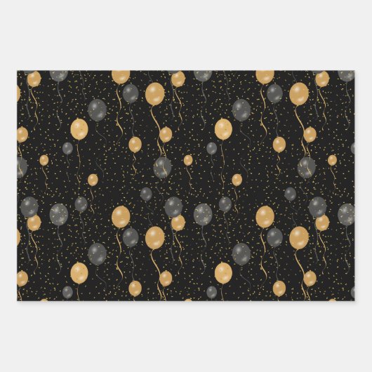 エレガント黒と金ゴールドのバルーン ラッピングペーパーシート (正面2)