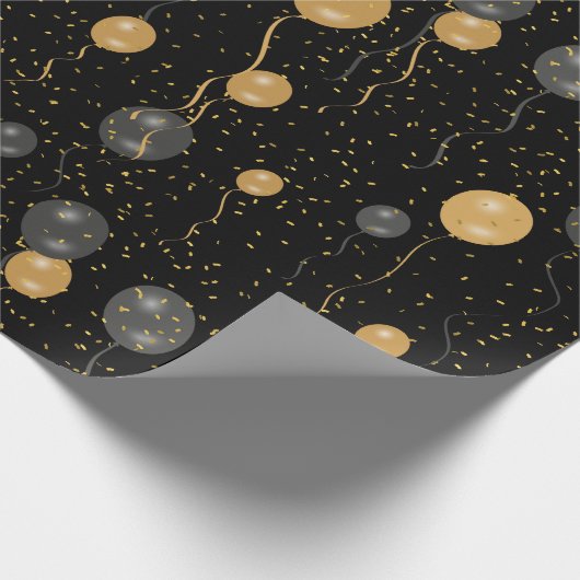 エレガント黒と金ゴールドのバルーン ラッピングペーパー (角)