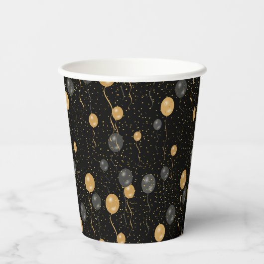 エレガント黒と金ゴールドのバルーン 紙コップ (裏面)