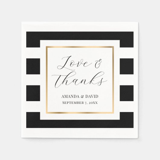 エレガント黒と金ゴールドストライプの結婚の スタンダードカクテルナプキン (正面)