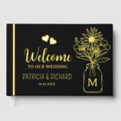 エレガント黒と金ゴールドモノグラムの結婚の ゲストブック (正面)