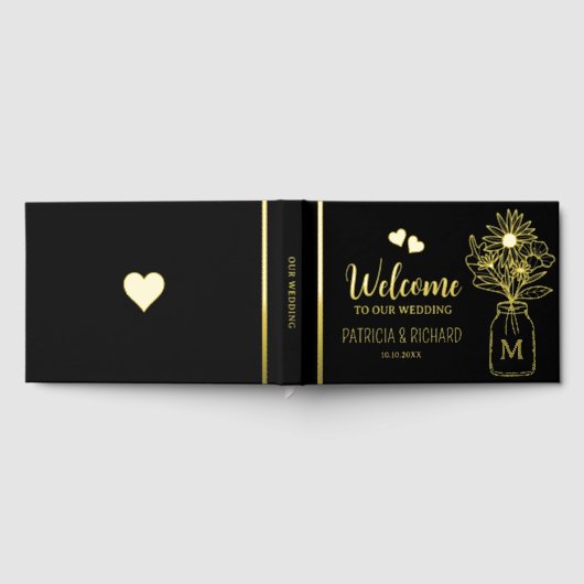 エレガント黒と金ゴールドモノグラムの結婚の ゲストブック (全面)