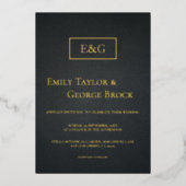 エレガント黒と金ゴールドモノグラ素朴ム結婚ズ 箔招待状 (正面)