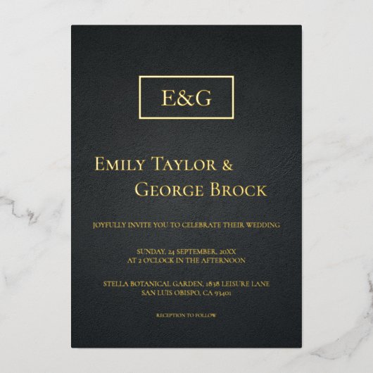 エレガント黒と金ゴールドモノグラ素朴ム結婚ズ 箔招待状 (正面)