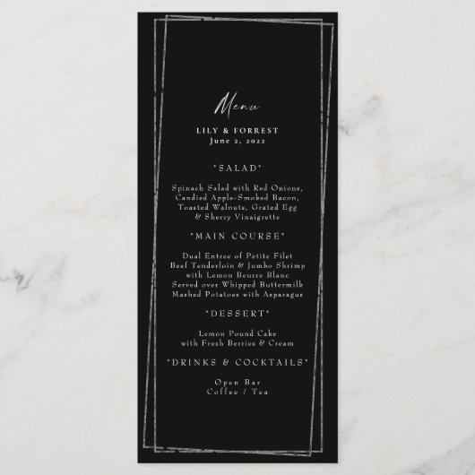 エレガント黒と銀の幾何学模様メニュー メニュー (正面)