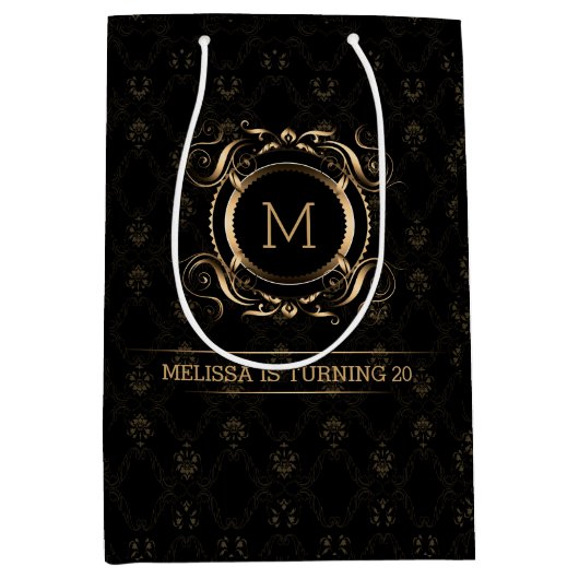 エレガント黒の金ゴールド枠 ミディアムペーパーバッグ (正面)