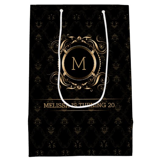 エレガント黒の金ゴールド枠 ミディアムペーパーバッグ (裏面)