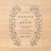 エレガント黒フローラシンプルモダン結婚リース アクリル招待状 (正面)