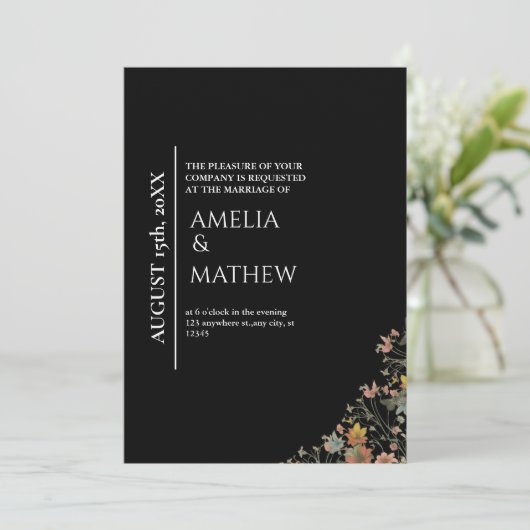 エレガント黒フローラモダンボタニッ結婚クス 招待状 (スタンド正面)