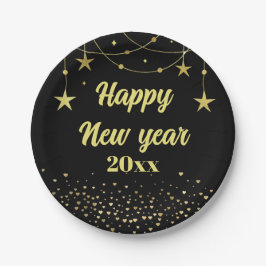 エレガント黒モダンと金ゴールド新年おめでとう ペーパープレート
