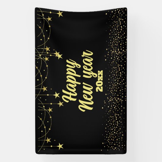エレガント黒モダンと金ゴールド新年おめでとう 横断幕 (縦)