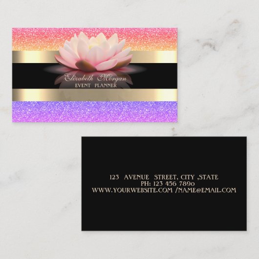 エレガント黒モダン金ゴールドストライプカラフルグリッター 名刺 (正面/裏面)