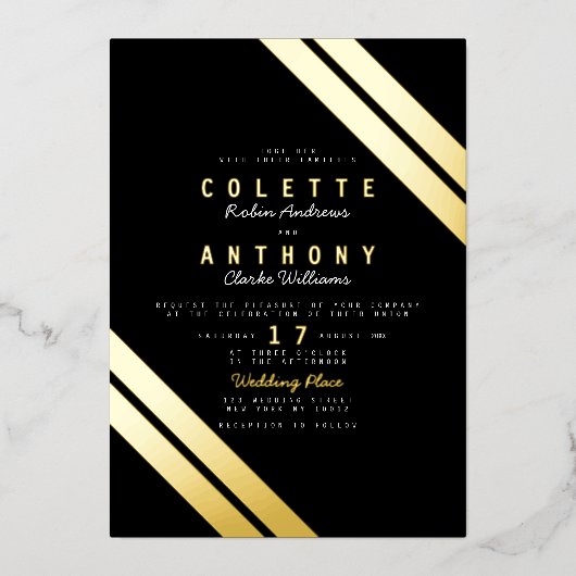 エレガント黒実在モダン結婚金ゴールドストライプズ 箔招待状 (正面)