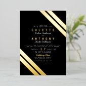 エレガント黒実在モダン結婚金ゴールドストライプズ 箔招待状 (立ち正面)