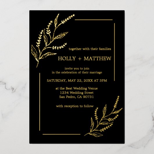エレガント黒実在植物学結婚の金ゴールド 箔招待状 (正面)