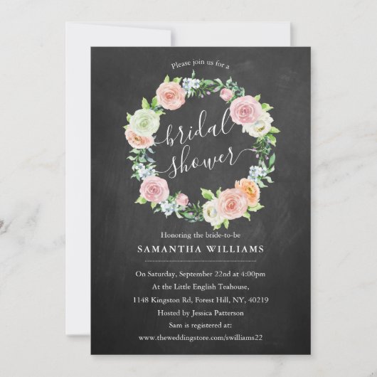 エレガント黒板フローラリースブライダルシャワー 招待状 (正面)
