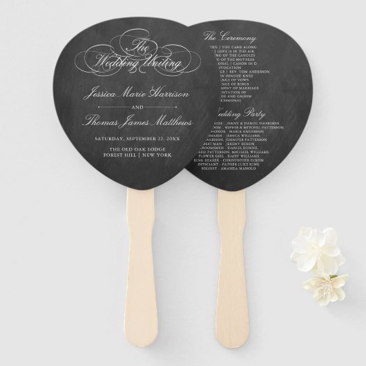 エレガント黒板結婚式 プログラムテンプレート ハンドファン (正面&裏面)