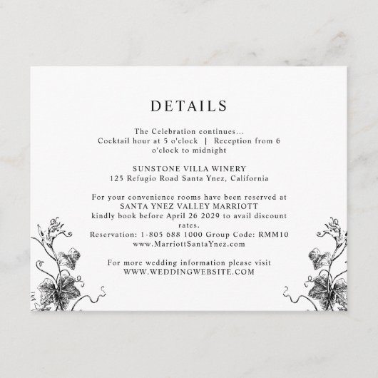 エレガント黒植物学葉結婚詳細 エンクロージャーカード (正面)