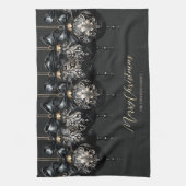 エレガント黒金ゴールドバウブルラグジュアリークリスマス キッチンタオル (縦)