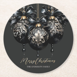 エレガント黒金ゴールドバウブルラグジュアリークリスマス ラウンドペーパーコースター